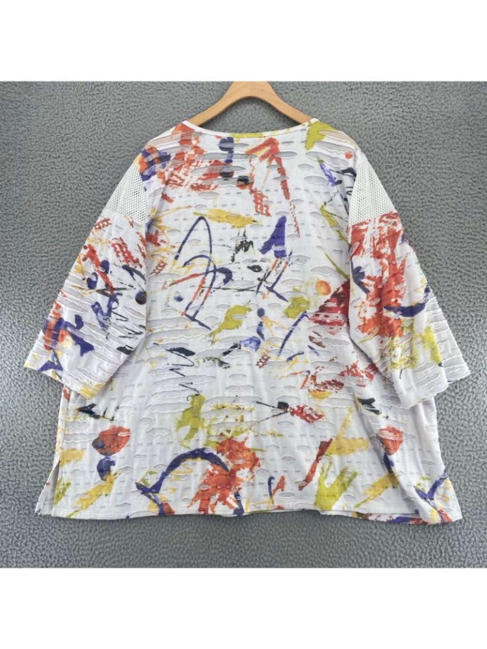 Ali Miles Top Womens 2X White Multi Paint Splatter Tunic Mesh Distressed Pockets - Picture 3 of 10